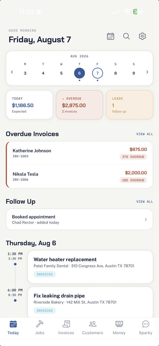 TradeReady Today screen showing the day's jobs and money at a glance