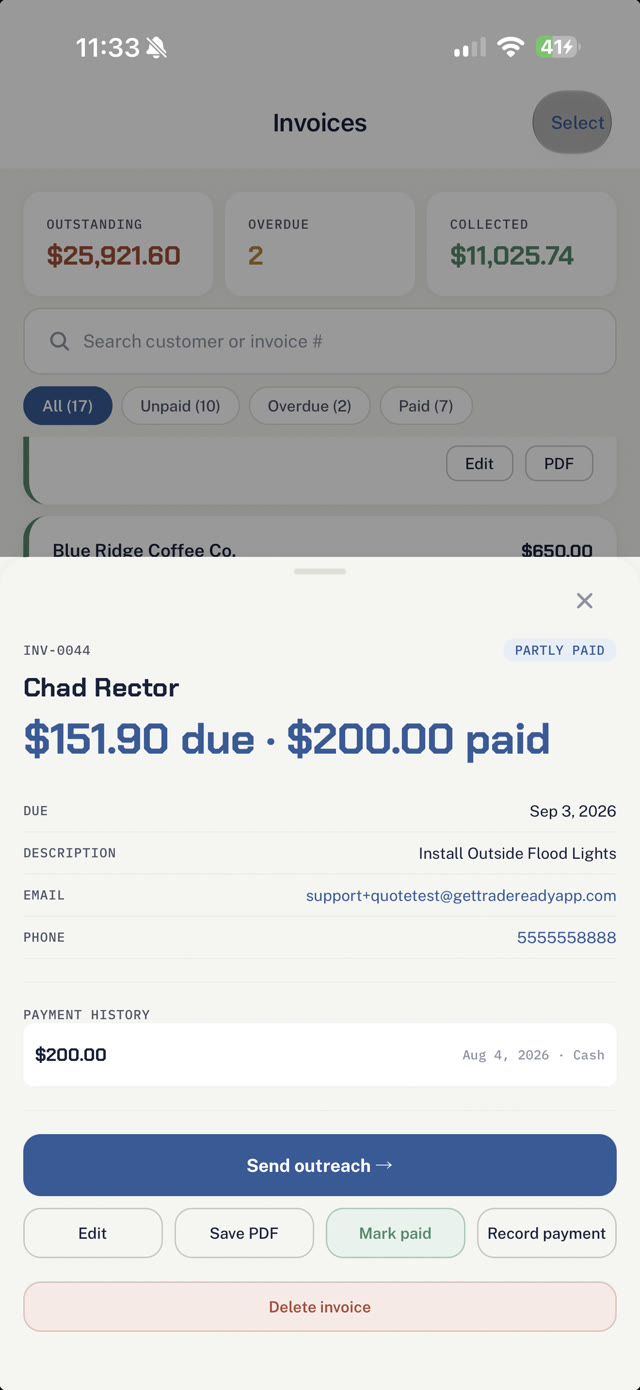 TradeReady invoice with a card payment link