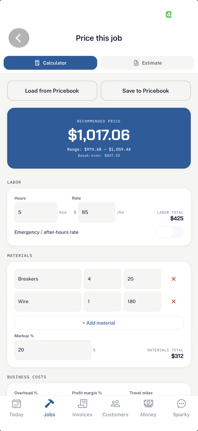 TradeReady pricing calculator with labor, materials, and margin